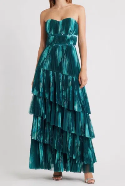 Hutch Lanza Strapless Tiered Tulle Gown In Teal Bloom In Green