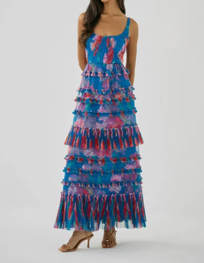 Hutch Lindsey Tiered Gown In Blue Watercolor In Multi