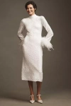 Hutch Long-sleeve Mock-neck Faux-feather Sequin Column Midi Dress In White
