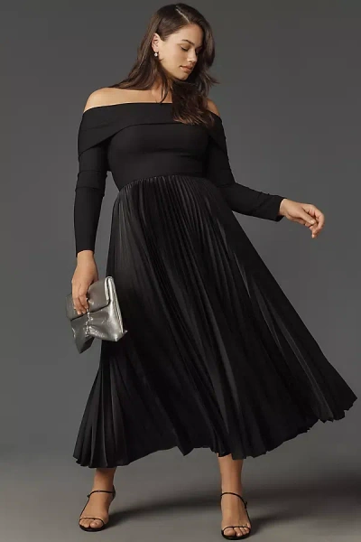 Hutch Long-sleeve Off-the-shoulder Pleated Maxi Dress In Black