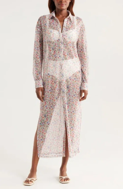 Hutch Long Sleeve Sheer Cover-up Shirtdress In White