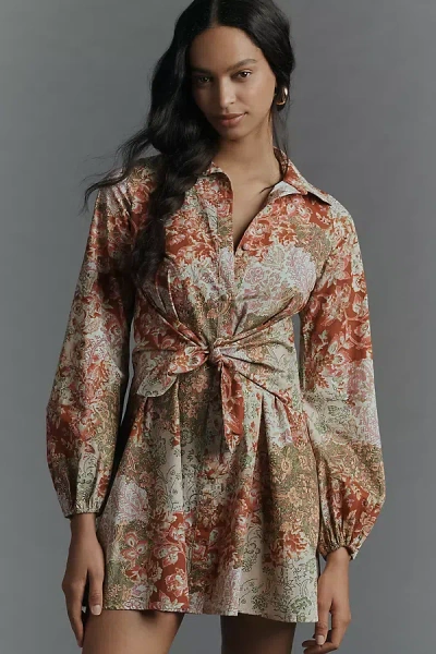 Hutch Long-sleeve Tie-waist Mini Shirt Dress In Brown
