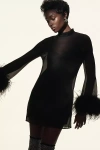 Hutch Long-sleeve Turtleneck Faux-feather Trim Sheer Mini Dress In Black