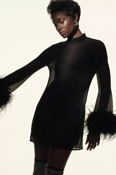 Hutch Long-sleeve Turtleneck Faux-feather Trim Sheer Mini Dress In Black