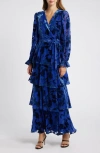 Hutch Bardot Long-sleeve V-neck Velvet Burnout Wrap Tiered Maxi Dress In Silhouette Roses