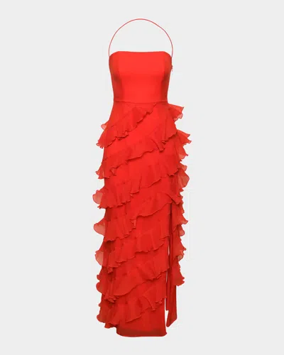 Hutch Lou Square-neck Ruffle Column Gown In Cherry