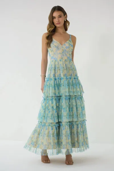 Hutch Madi Tiered Tulle Maxi Gown In Watercolor Daffodil In Green