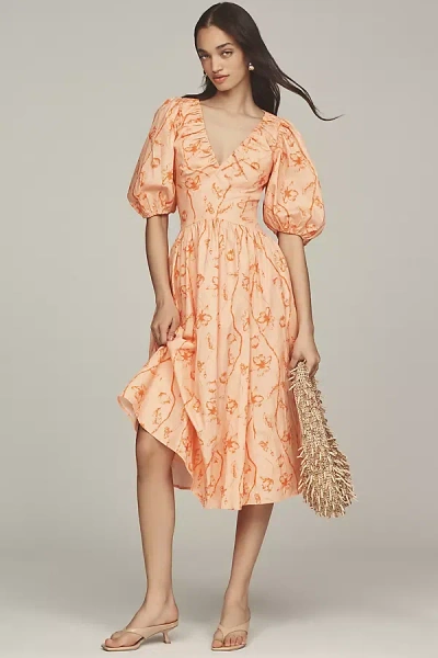 Hutch Madilyn Puff-sleeve V-neck Midi Dress In Orange