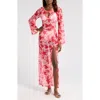 Hutch Maebry Sheer Long Sleeve Cover-up Maxi Dress In Lipstick Optimistic Floral