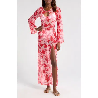 Hutch Maebry Sheer Long Sleeve Cover-up Maxi Dress In Lipstick Optimistic Floral
