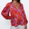 Hutch Marissa Button Down Top In Purple Watercolor Gardenia In Red