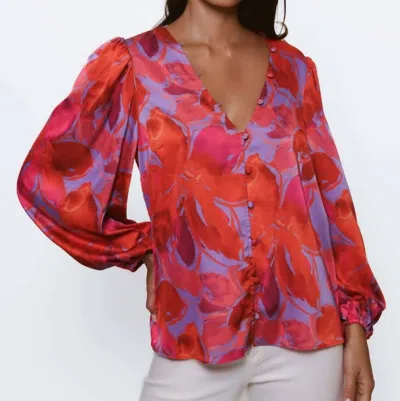 Hutch Marissa Button Down Top In Purple Watercolor Gardenia In Red