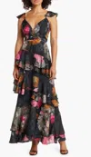 Hutch Senna Floral Flutter-sleeve Tiered Maxi Wrap Dress In Multi