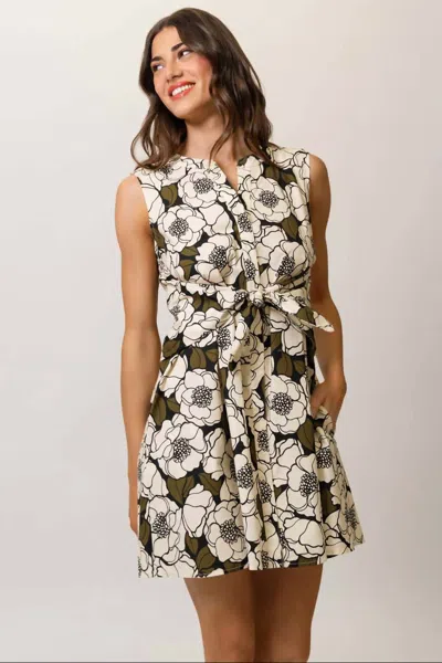 Hutch Mio Dress In Black/olive Flat Outline Poppies In Multi