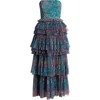 Hutch Nalina Tiered Strapless Maxi Dress In Blue/orange Floral