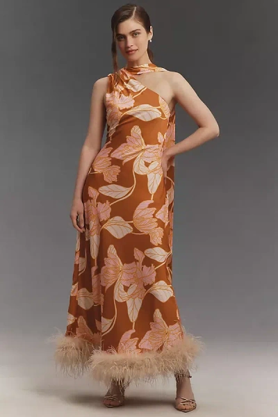 Hutch One-shoulder Faux-feather Trim Maxi Dress In Brown