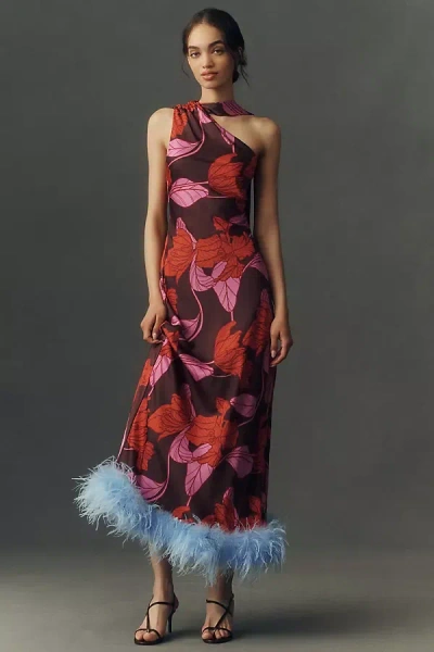 Hutch One-shoulder Faux-feather Trim Maxi Dress In Multi