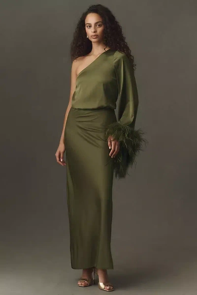 Hutch One-shoulder Feather Maxi Dress In Green