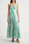 Hutch Phoebe Strapless Maxi Cocktail Dress In Teal Floral