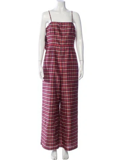 Pre-owned Hutch Plaid Print Square Neckline Jumpsuit In Red