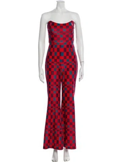 Pre-owned Hutch Plaid Print Strapless Jumpsuit In Red