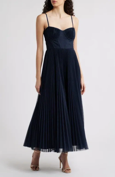 Hutch Amara Corset Pleated Tulle Fit & Flare Midi Dress In Blue
