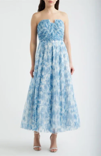 Hutch Pleated Strapless Mesh Gown In Blue