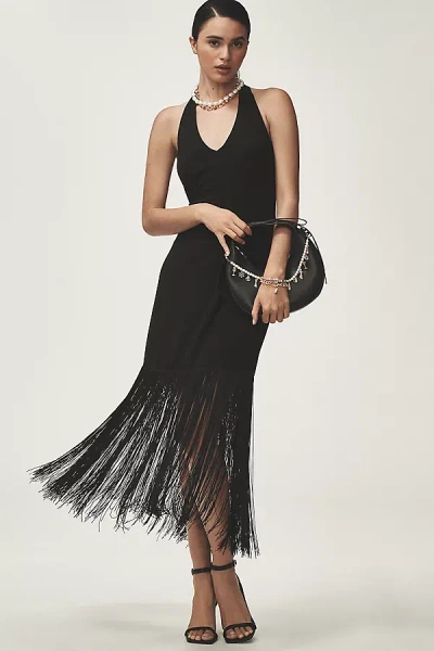 Hutch Plunge Halter Fringe Knit Midi Dress In Black