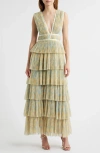 HUTCH HUTCH PLUNGE NECK TIERED TULLE DRESS