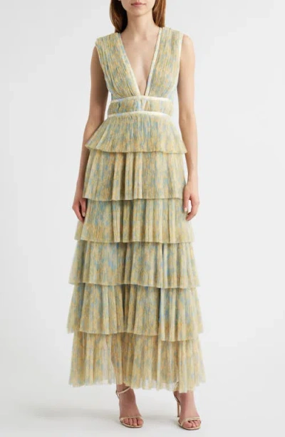HUTCH HUTCH PLUNGE NECK TIERED TULLE DRESS