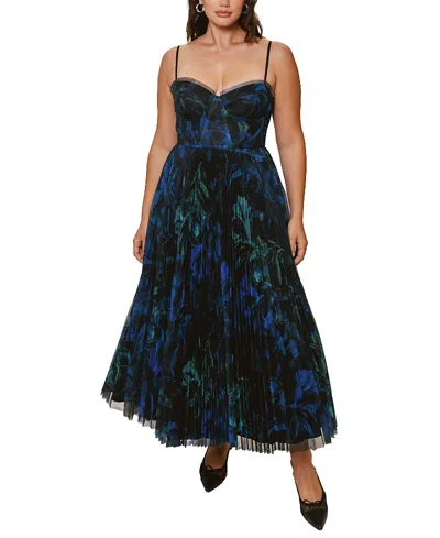 Hutch Plus Size Carley Fit & Flare Pleated Midi Dress In Dark Blue Floral
