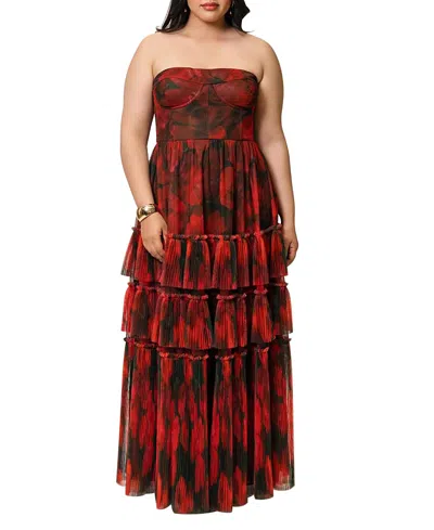 Hutch Plus Size Isabella Strapless Floral Tulle Gown In Red