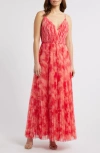 Hutch Print Pleated Sleeveless Maxi Dress In Red Lipstick