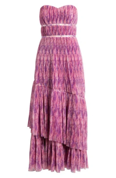 HUTCH HUTCH PRINT PLISSÉ LAYERED RUFFLE STRAPLESS GOWN