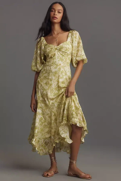 Hutch Printed Twist-front Puff-sleeve Ruffle-hem Dress In Green