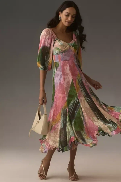 Hutch Printed Twist-front Puff-sleeve Ruffle-hem Dress In Multicolor