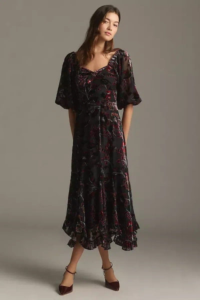 Hutch Printed Twist-front Puff-sleeve Ruffle-hem Dress In Multicolor