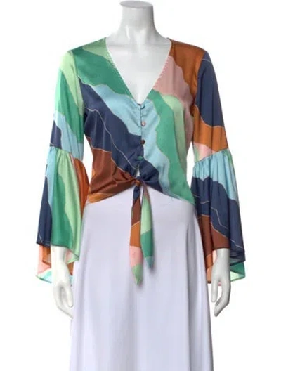 Pre-owned Hutch Printed V-neck Top In Blue