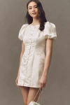 Hutch Puff-sleeve Crew-neck Jacquard Button-front Mini Dress