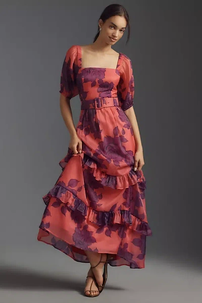 Hutch Puff-sleeve Ruffled Midi Dress In Multicolor