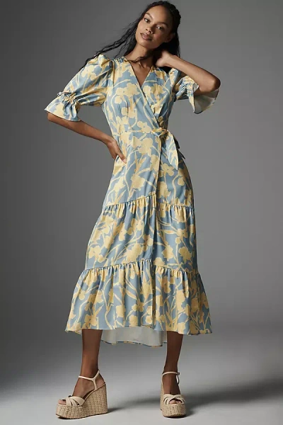 Hutch Puff-sleeve Wrap Midi Dress In Blue