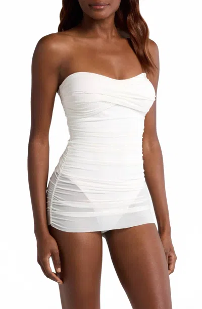 HUTCH RADLEE STRAPLESS MESH OVERLAY SKIRTED ONE PIECE SWIMSUIT IN WHITE