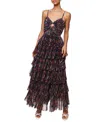 Hutch Floral Gathered Tiered Evening Gown In Multi