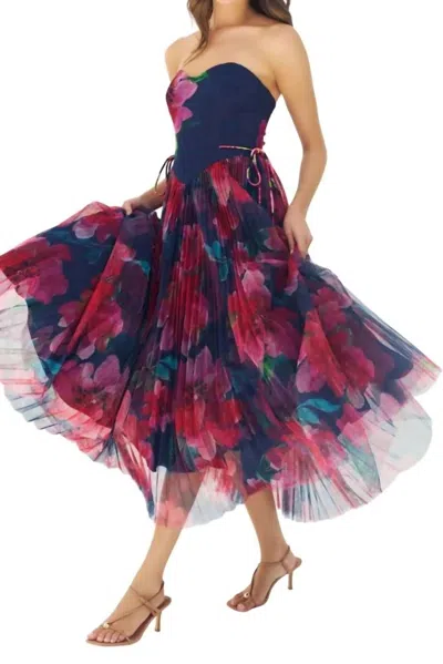 Hutch Rowan Strapless Basque Waist Dress In Navy Raspberry In Multi
