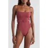 Hutch Ruched Belted One-piece Swimsuit In Brown