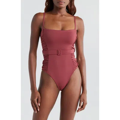 Hutch Ruched Belted One-piece Swimsuit In Brown