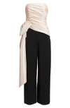 Hutch Strapless Ruched Bow Wide-leg Jumpsuit In Champagne/black