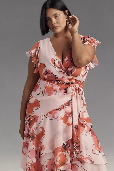 Hutch Ruffle-sleeve V-neck Floral Wrap Midi Dress In Multicolor