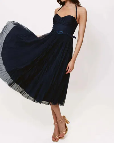 HUTCH RUMOR TWIST FRONT TULLE MIDI DRESS IN NAVY