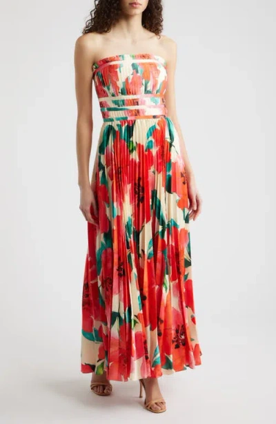 Hutch Sabina Floral Tiered Plissé Gown In Red